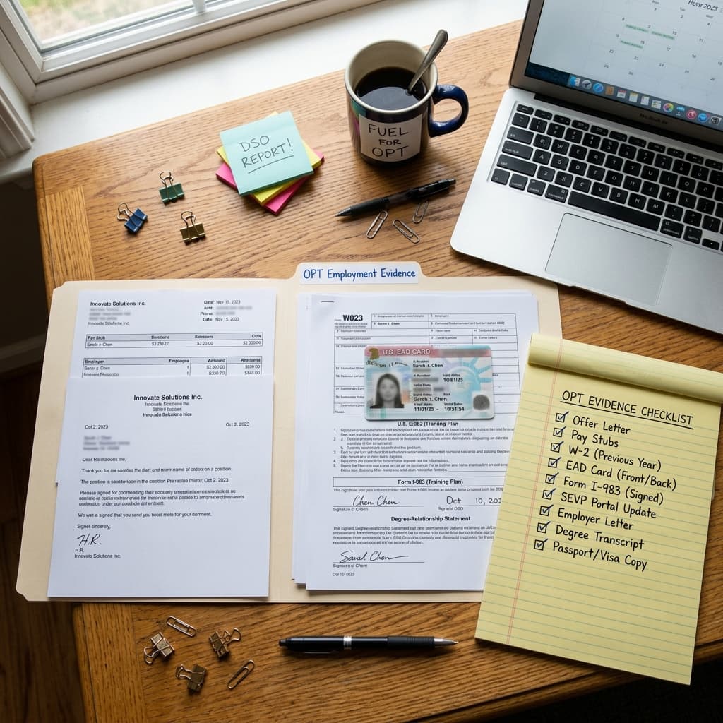 OPT evidence folder with pay stubs, W-2, EAD card, offer letter and evidence checklist on legal pad