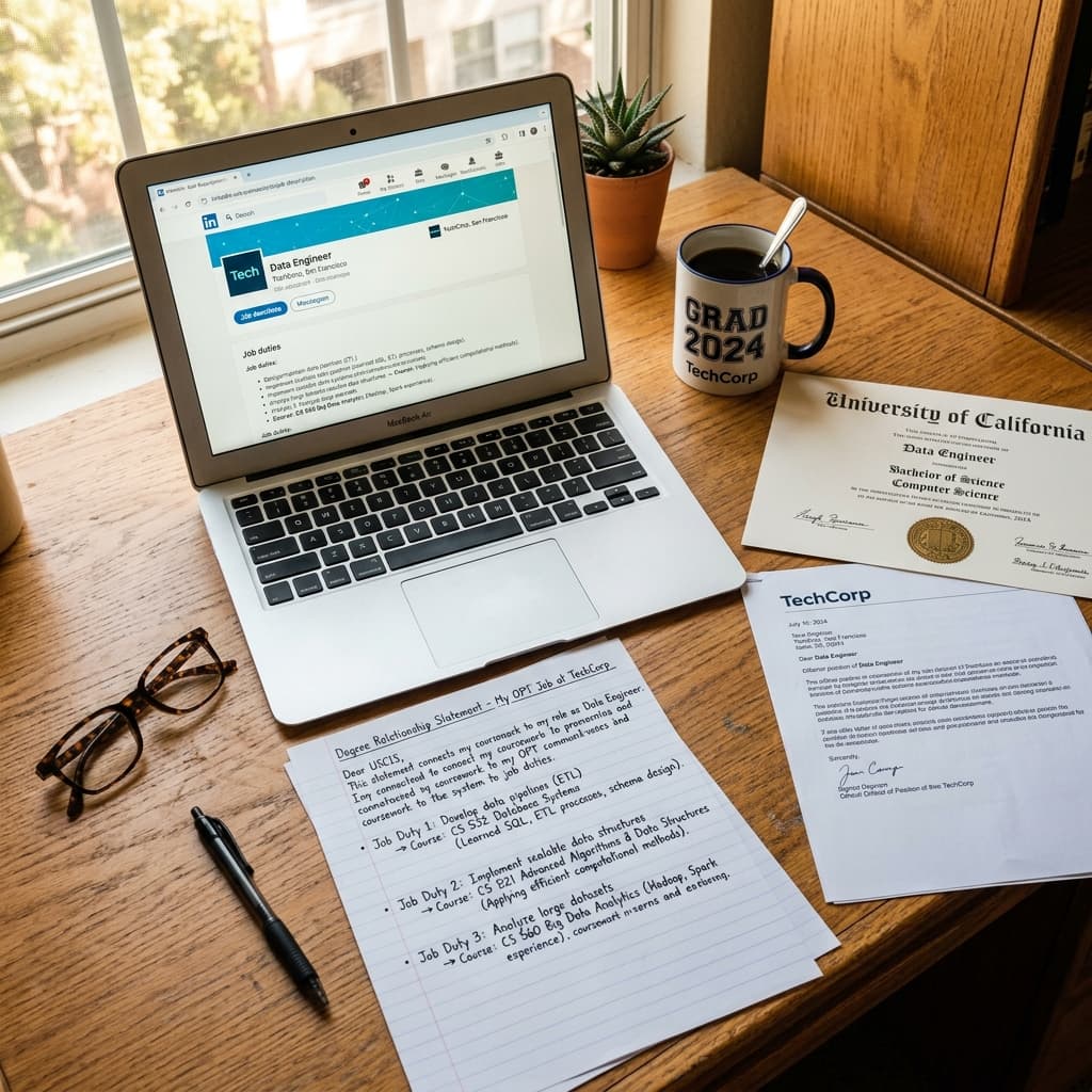 Degree relationship statement letter, university diploma, and LinkedIn job posting on laptop