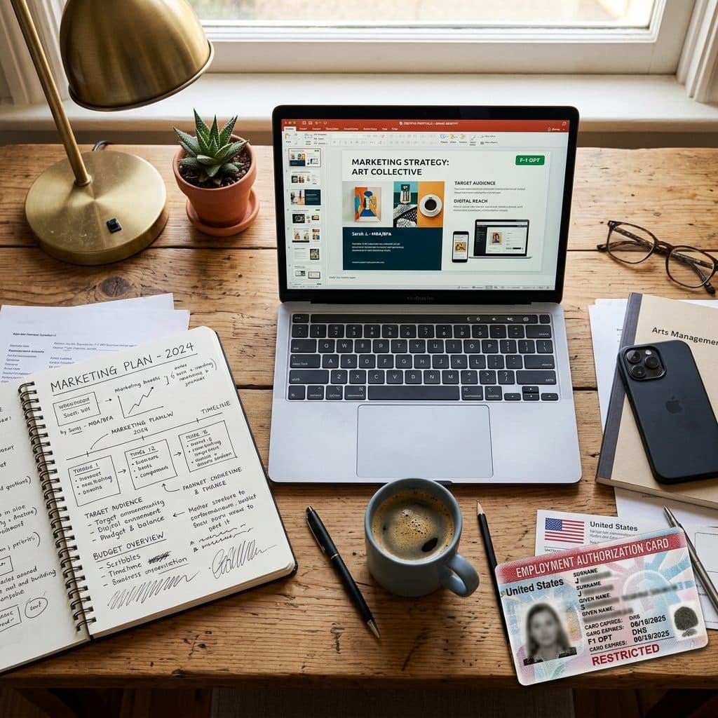Laptop showing a marketing strategy presentation next to a sketchbook and an EAD card