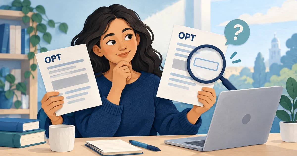 Illustration of a student checking an OPT receipt document with a magnifying glass.