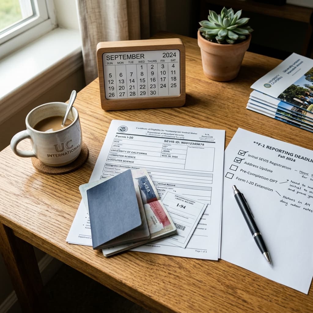 Immigration documents, Form I-20, passport, and reporting checklists on advisor's desk