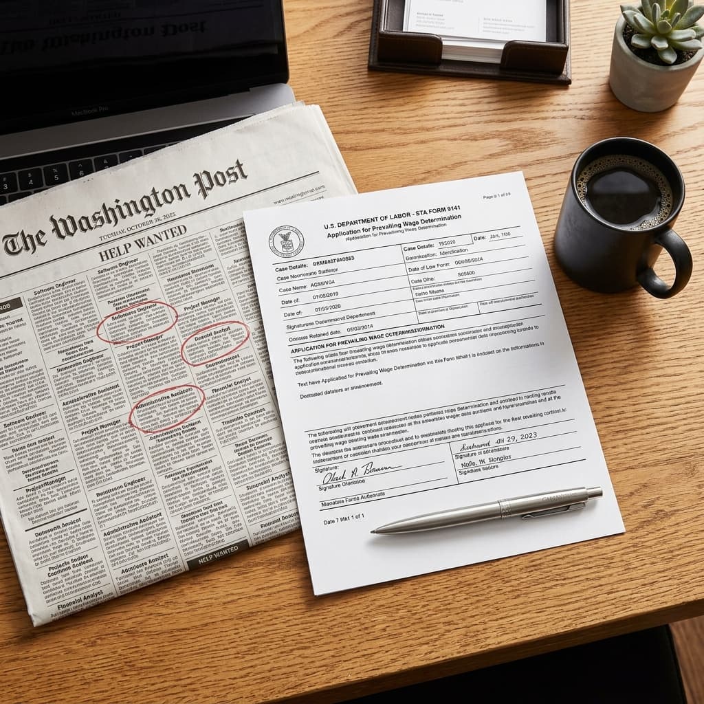 Department of Labor form and classified newspaper ads representing the PERM labor certification process