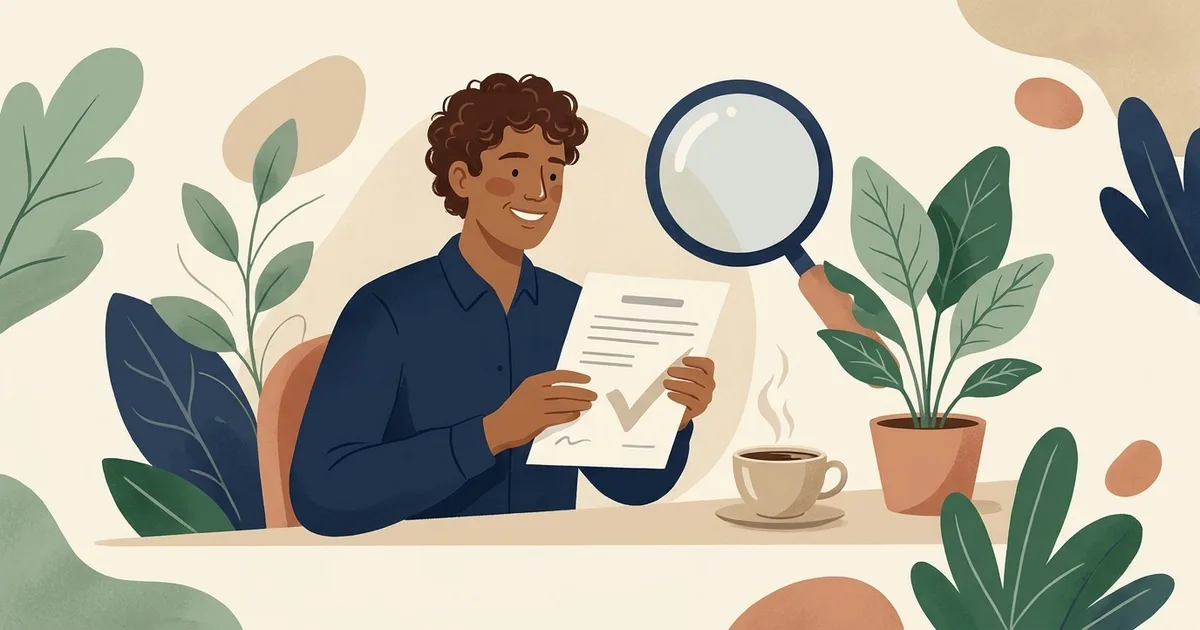 Illustration of a new hire reviewing an offer letter beside a large magnifying glass