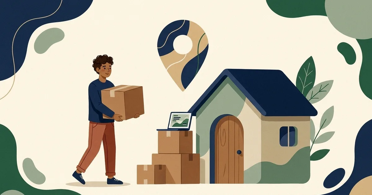 Illustration of a person carrying a moving box toward a house under a large map pin