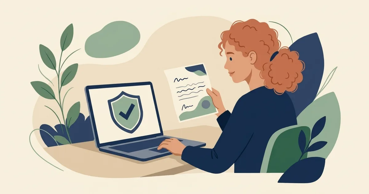 Illustration of a graduate comparing an offer letter with a laptop showing a shield and check mark