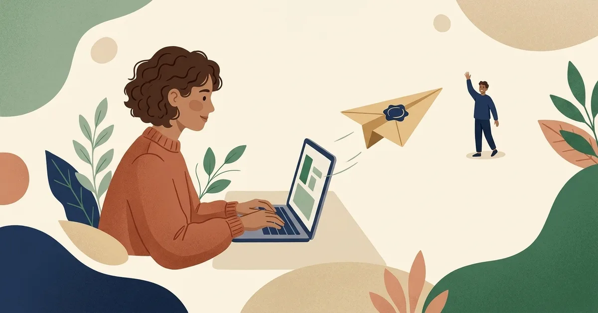 Illustration of a student at a laptop sending an envelope paper airplane toward a waving contact