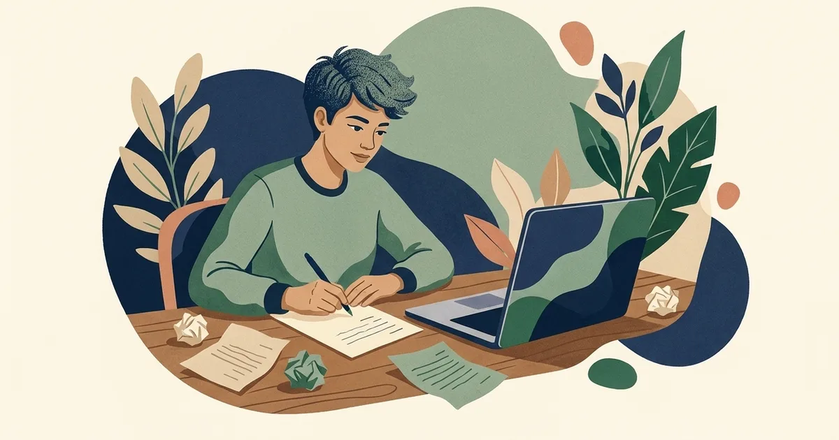 Illustration of a student writing a letter by hand at a desk beside an open laptop
