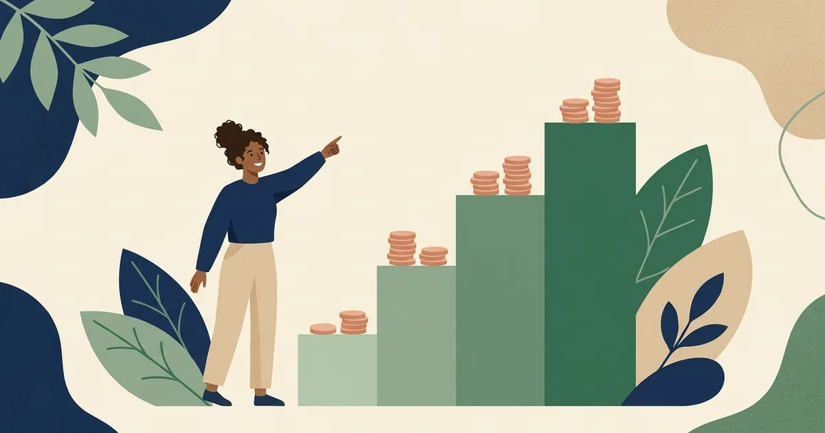 Illustration of a person pointing up a four-step staircase of bars topped with stacked coins