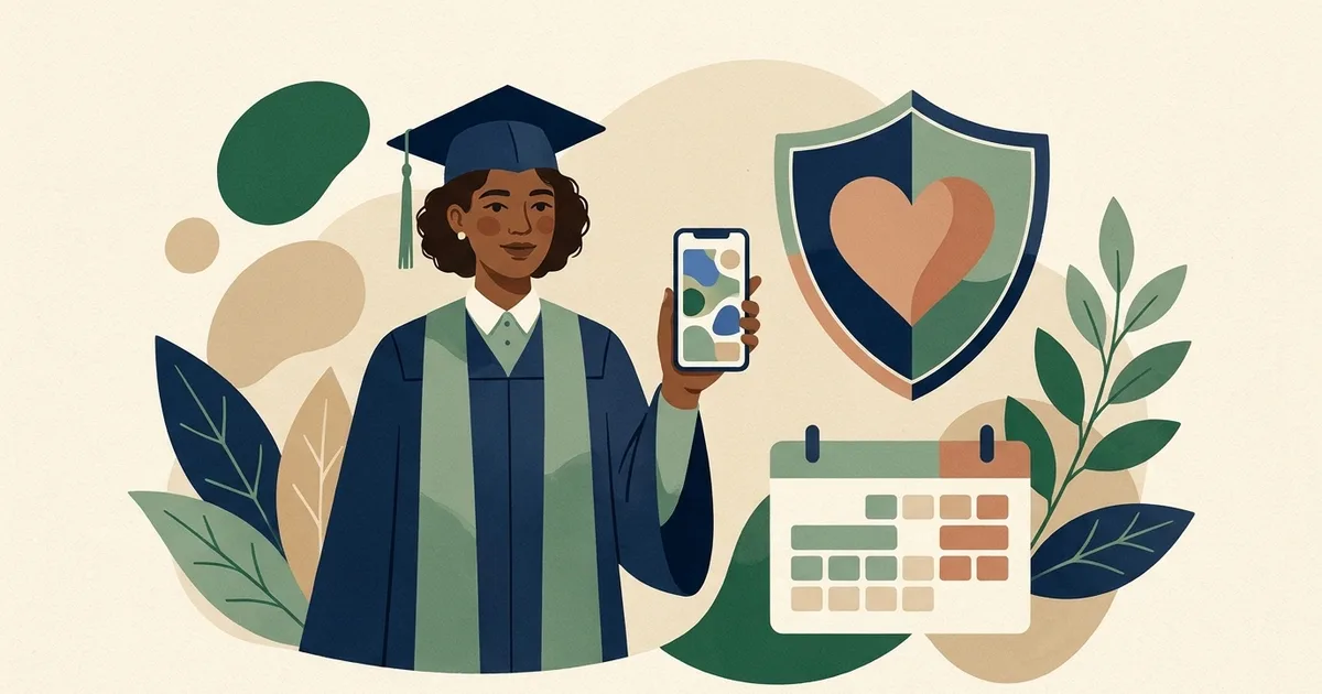 Illustration of a graduate holding a phone beside a heart shield and a calendar with a gap