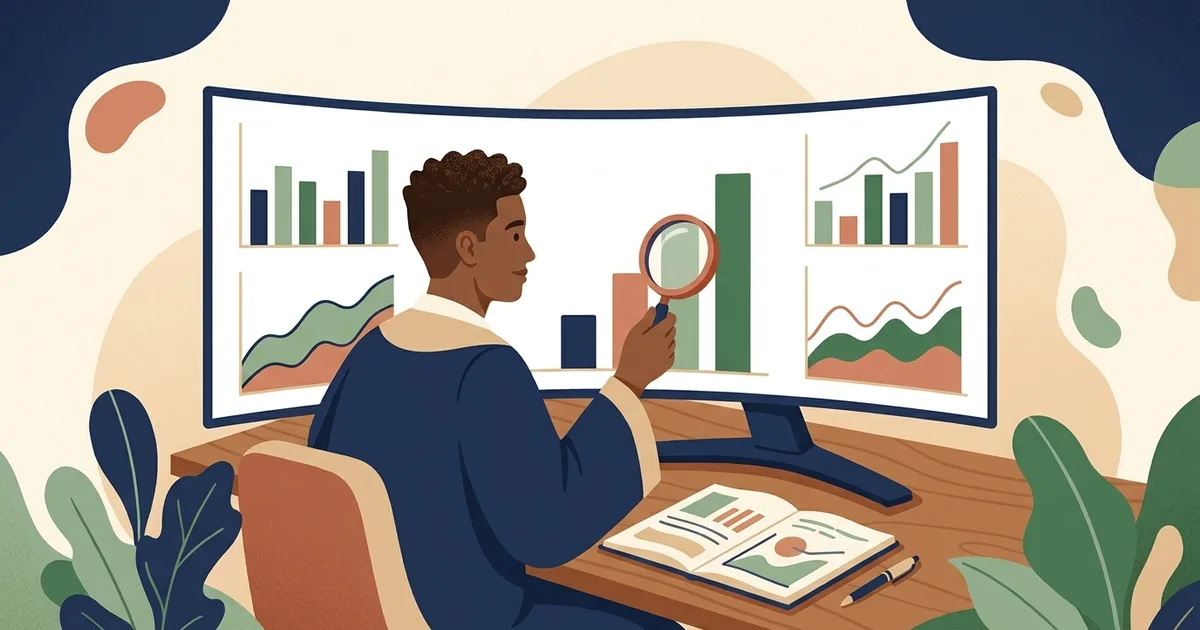 Illustration of a graduate examining bar charts on a wide monitor with a magnifying glass