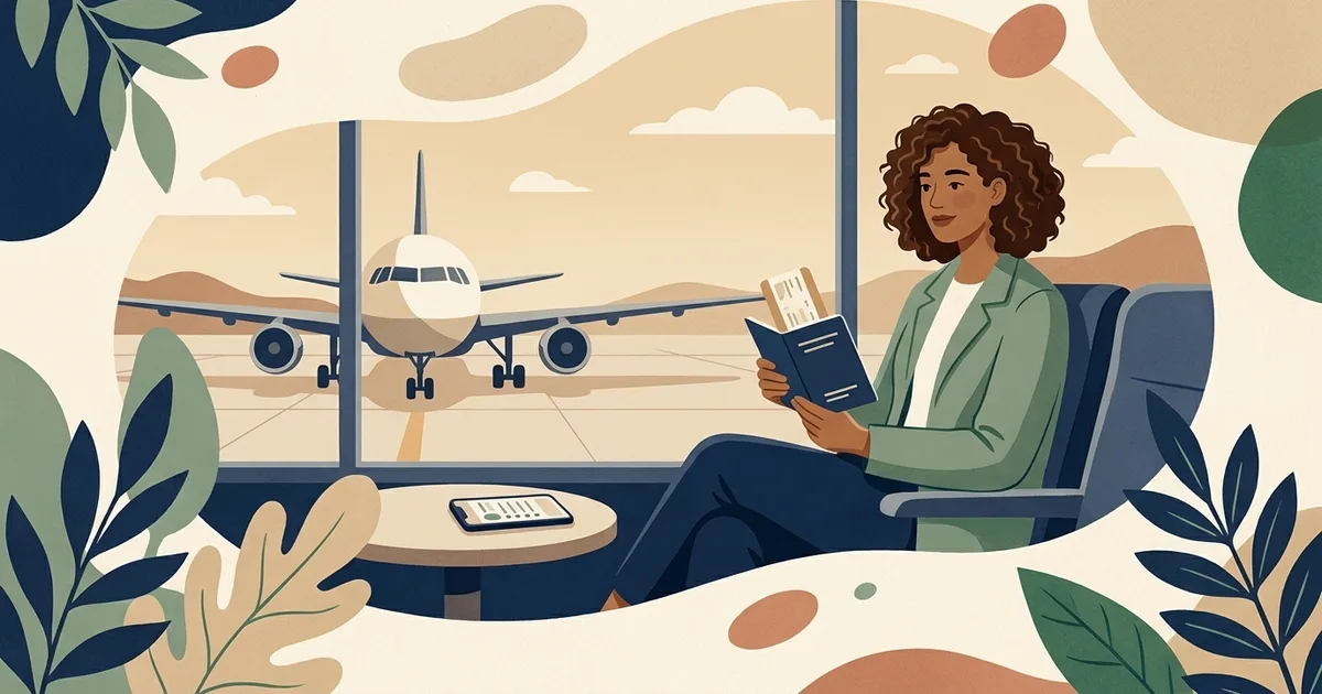 Illustration of a traveler holding a passport in an airport lounge with a plane outside the window