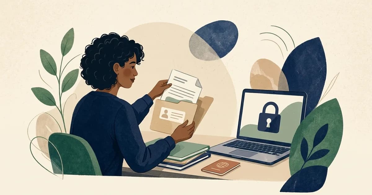 Illustration of a person filing documents into folders beside a laptop showing a padlock