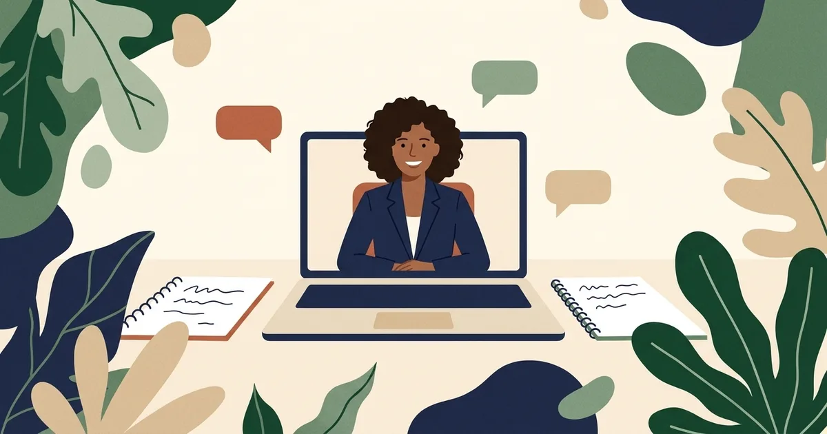 Illustration of a smiling candidate on a laptop video call with notes and speech bubbles