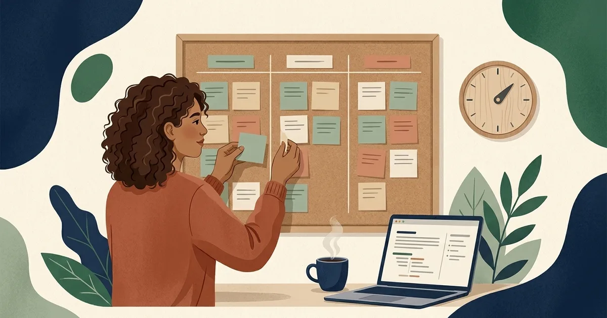 Illustration of a job seeker arranging sticky notes in columns on a board beside a day-counter dial