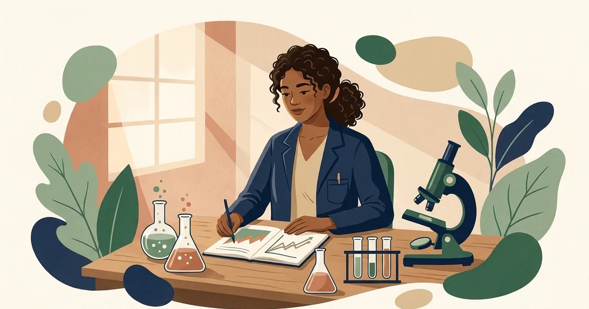 Illustration of a researcher taking notes at a lab bench with flasks and a microscope