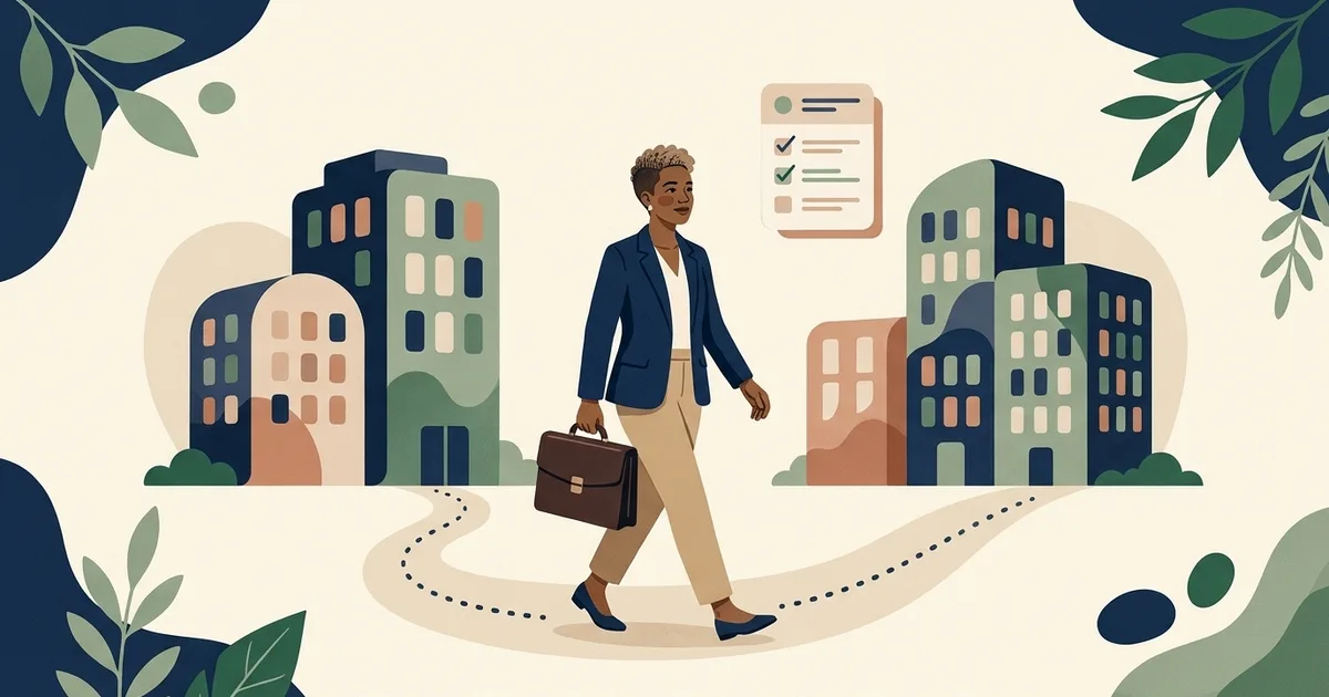 Illustration of a professional with a briefcase walking a dotted path between two office buildings