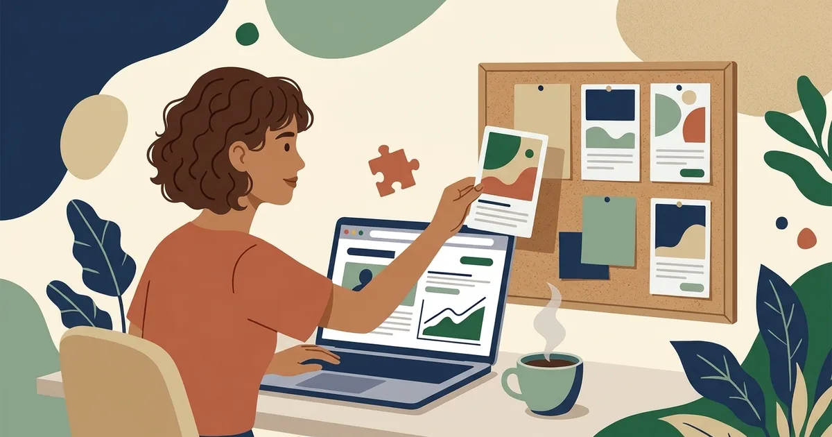 Illustration of a job seeker moving a posting from a laptop browser onto a pinned board of saved jobs