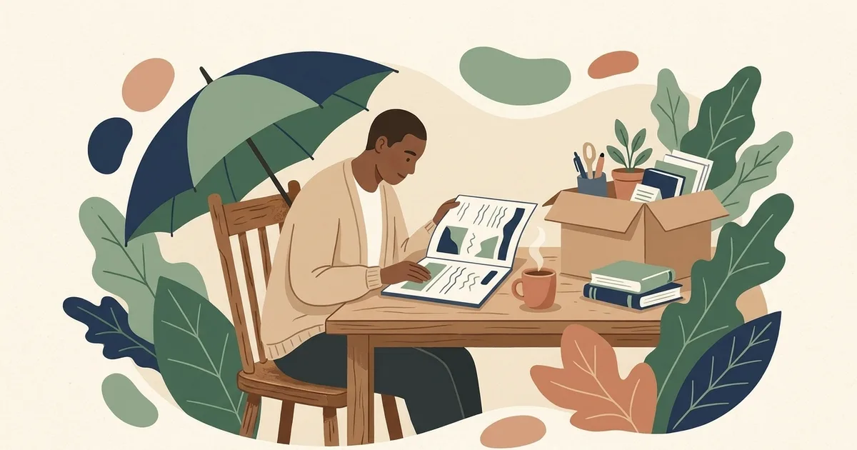 Illustration of a worker reviewing a form at a table, with an umbrella and a box of desk items nearby