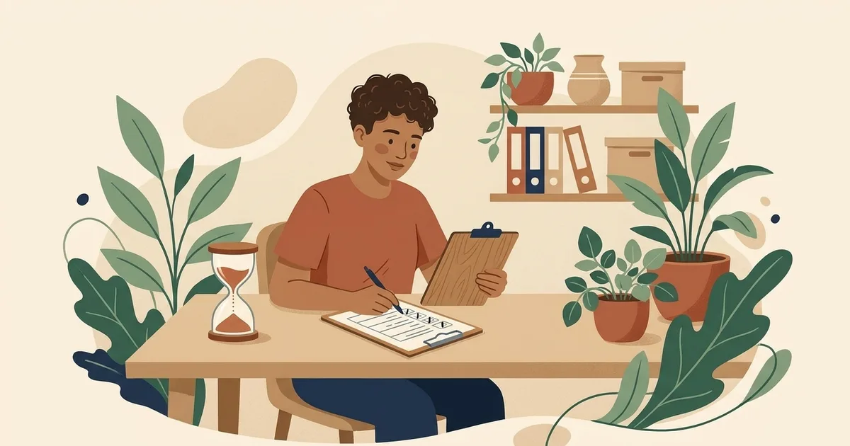 Illustration of an intern filling in a clipboard timesheet beside an hourglass in a small office