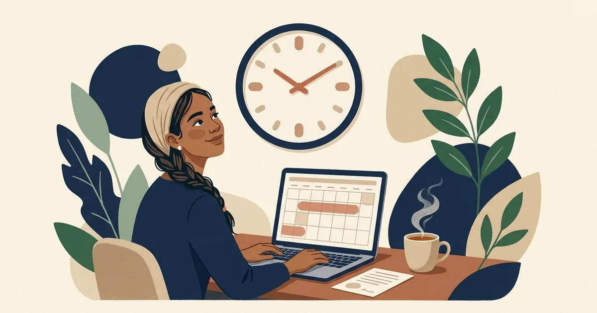 Illustration of a graduate checking a highlighted calendar range on a laptop beneath a wall clock