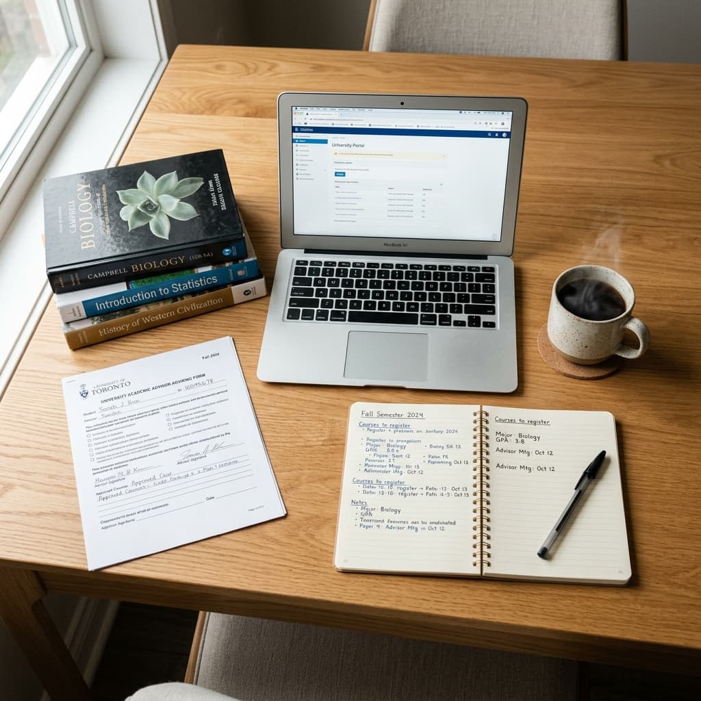 Desk with student notes, university forms, laptop and textbooks for CPT vs OPT comparison