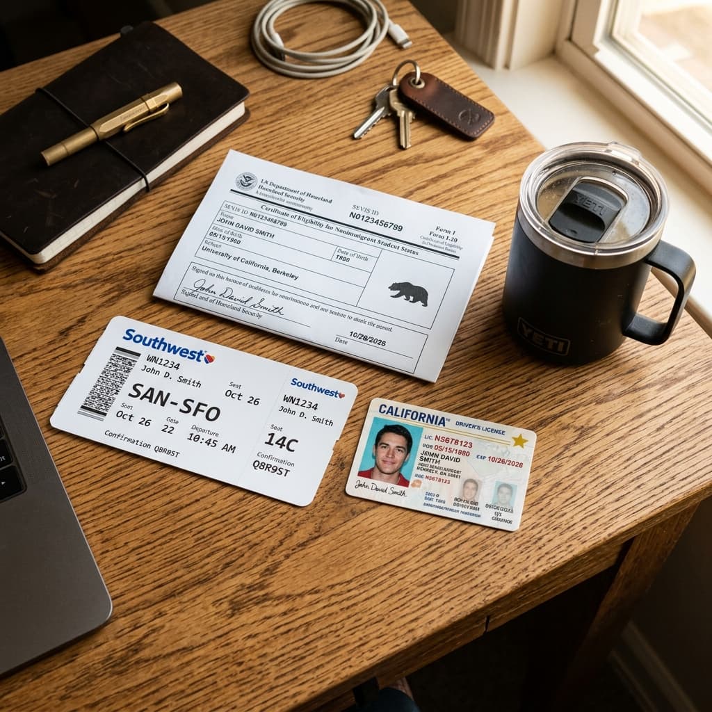 Domestic airline boarding pass with a REAL ID driver's license and an I-20 document