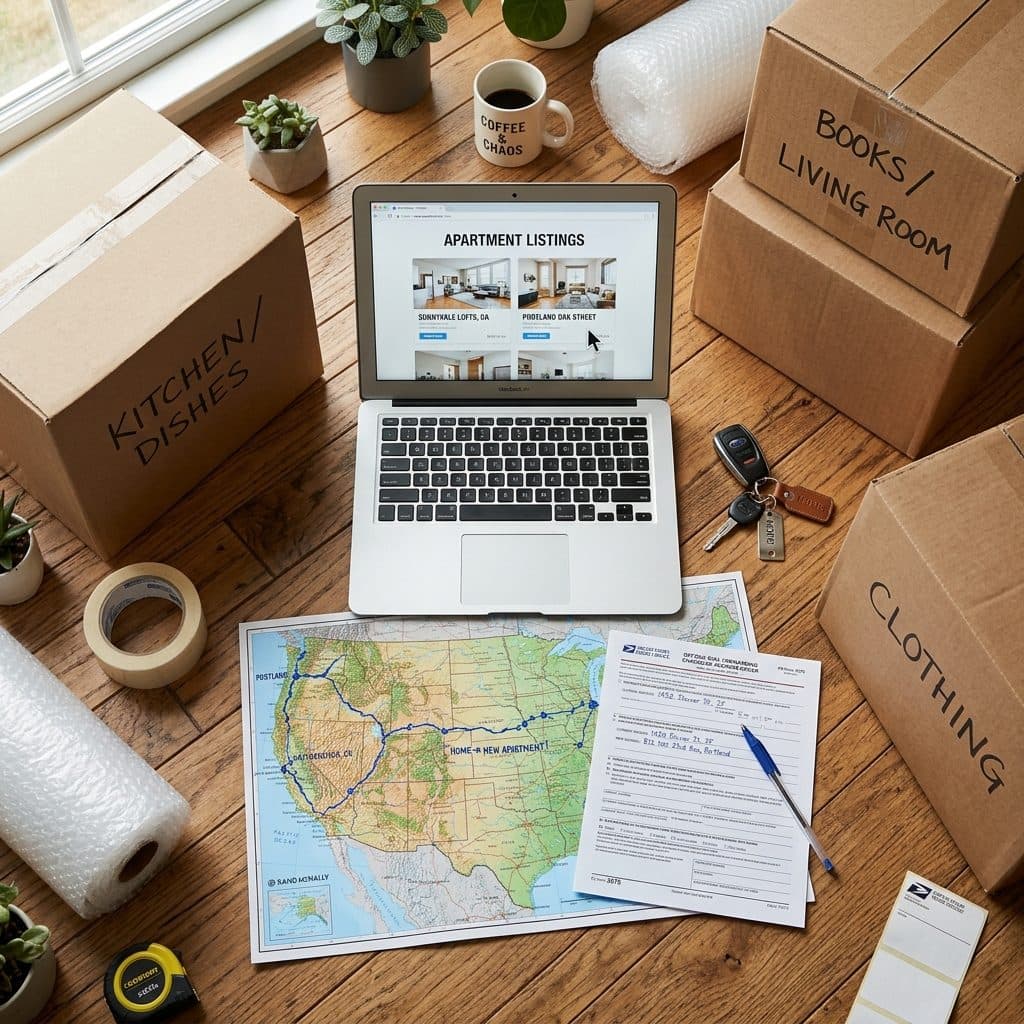 Moving boxes with a laptop showing apartment listings and a US map with a route drawn