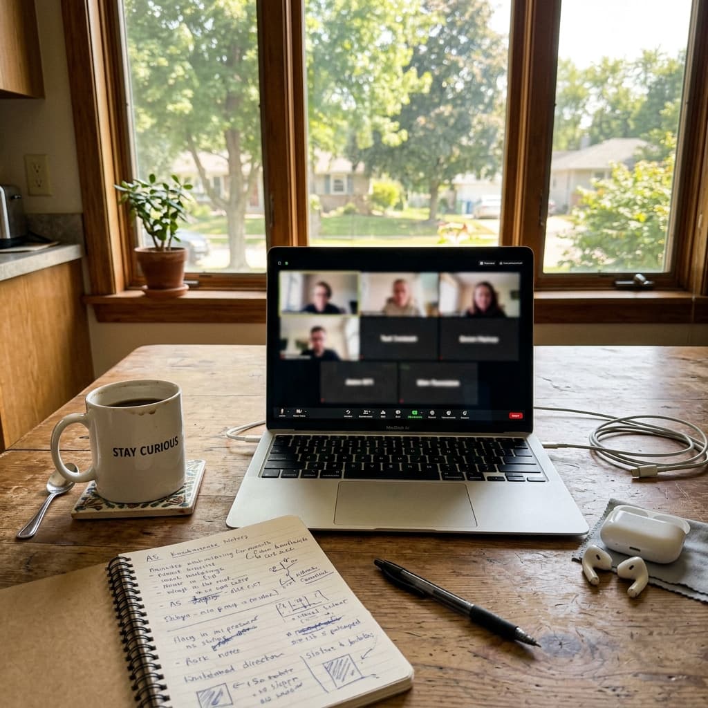 Laptop on kitchen table showing video conference call with notebook and coffee mug