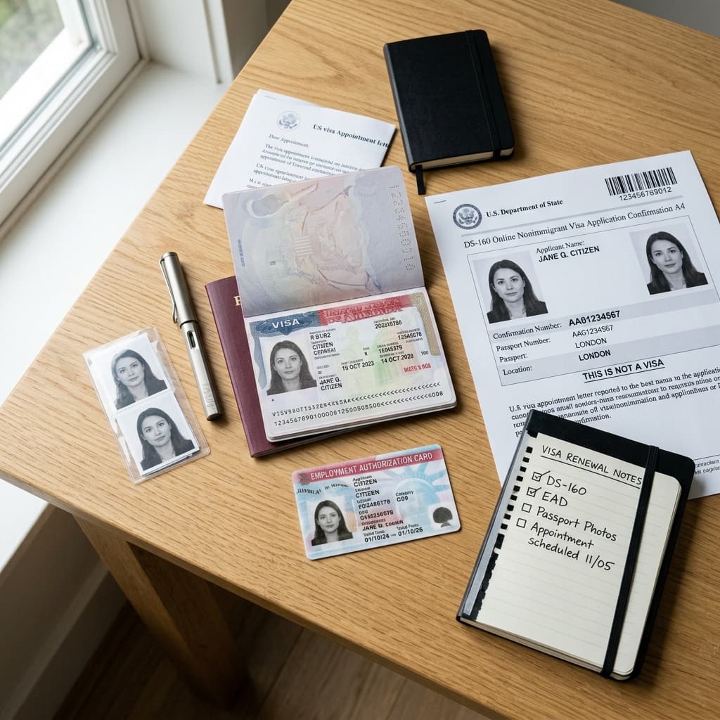 Passport with a US visa stamp next to a DS-160 confirmation page and an EAD card