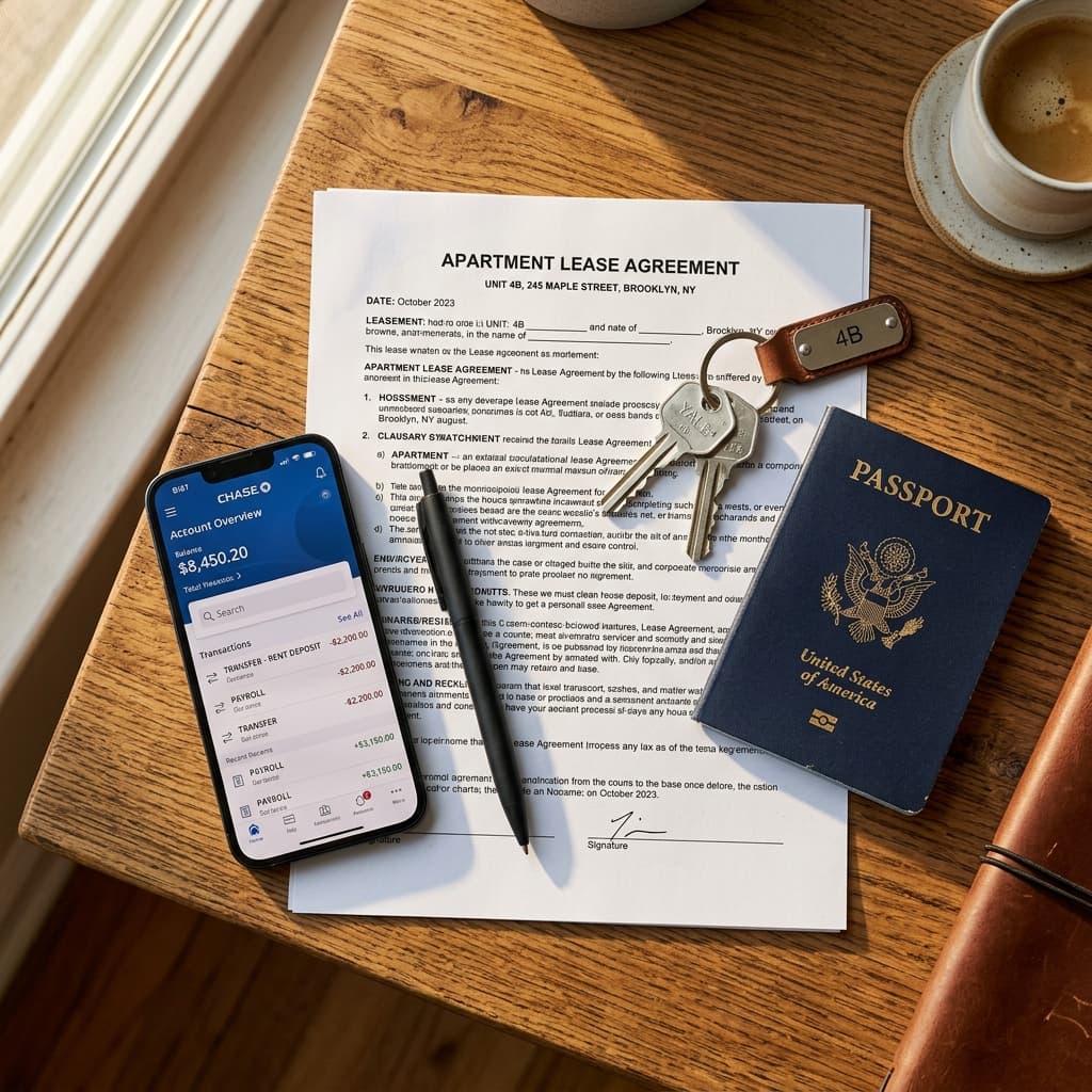 Printed apartment lease agreement with house keys and a passport