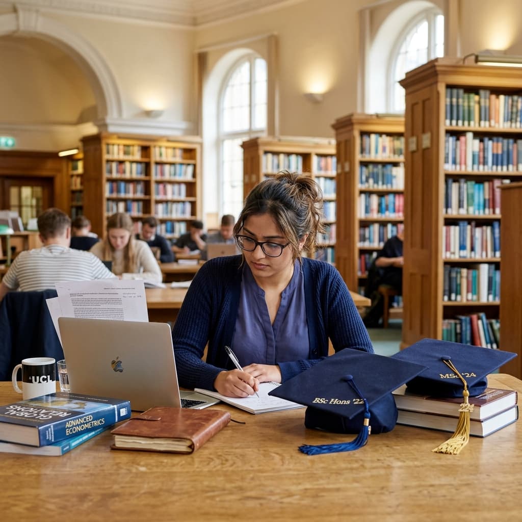 International college student with two graduation caps studying at a library desk