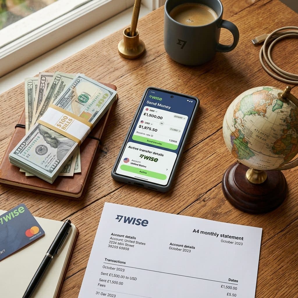 Smartphone showing a Wise money transfer app next to US dollar bills and a small globe
