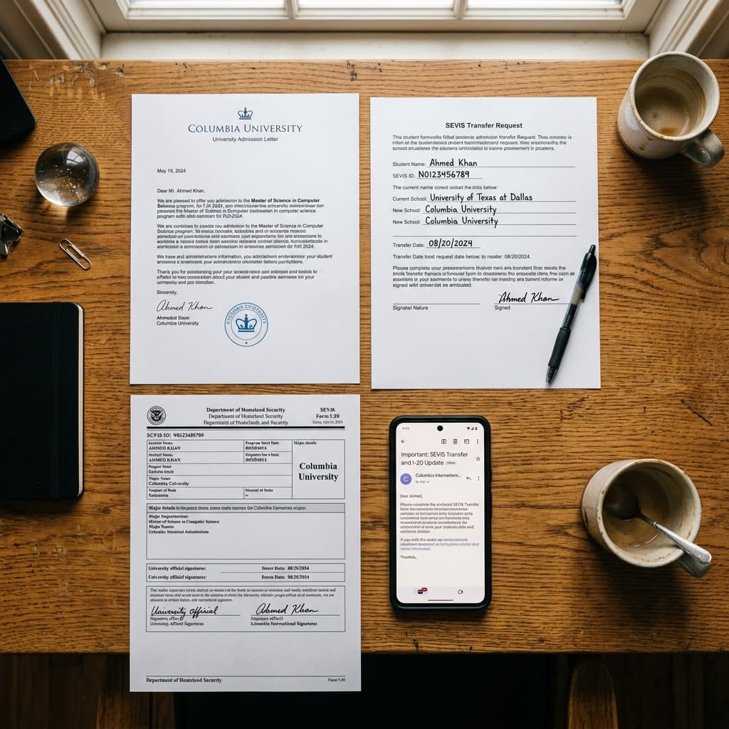 Academic desk with a SEVIS transfer request form, university admission letter, and I-20 document