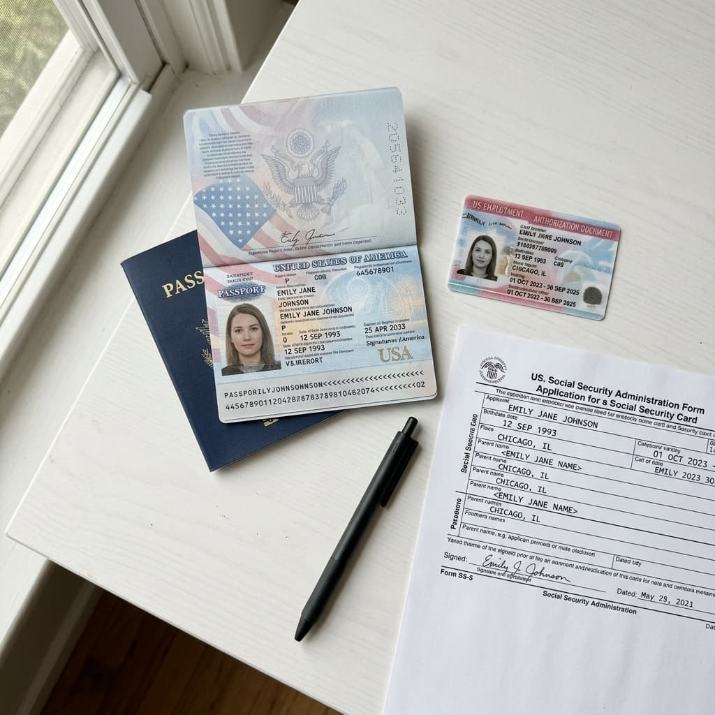 Passport, EAD card, and Form SS-5 application laid out on a desk for SSN application