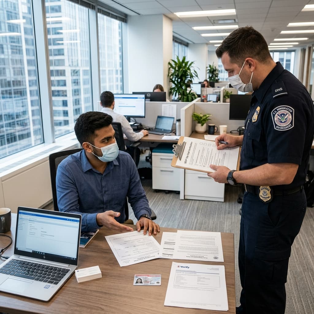 DHS officer with SEVP site visit checklist reviewing documents with a professional at an office desk