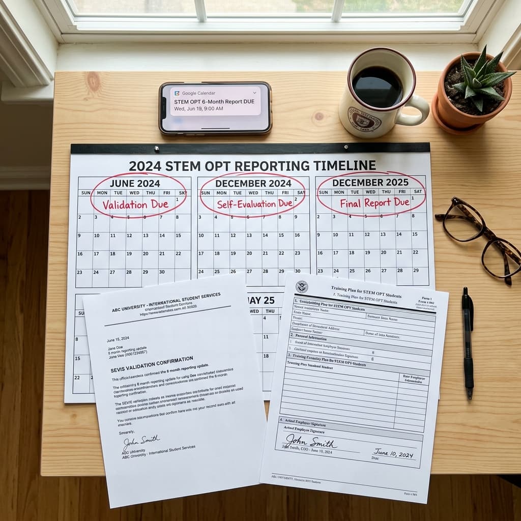 STEM OPT reporting calendar with validation deadlines, SEVIS confirmation, and Form I-983