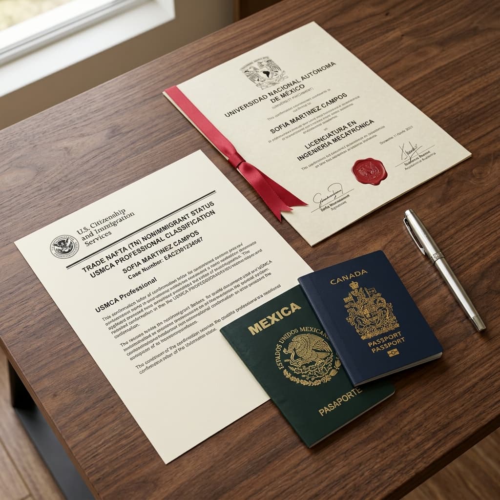 Canadian and Mexican passports next to a USMCA Professional classification document