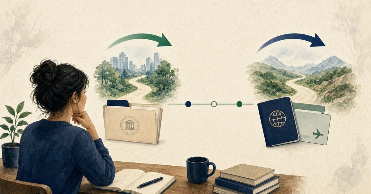 Fictional graduate comparing change-of-status and consular processing paths on a desk timeline