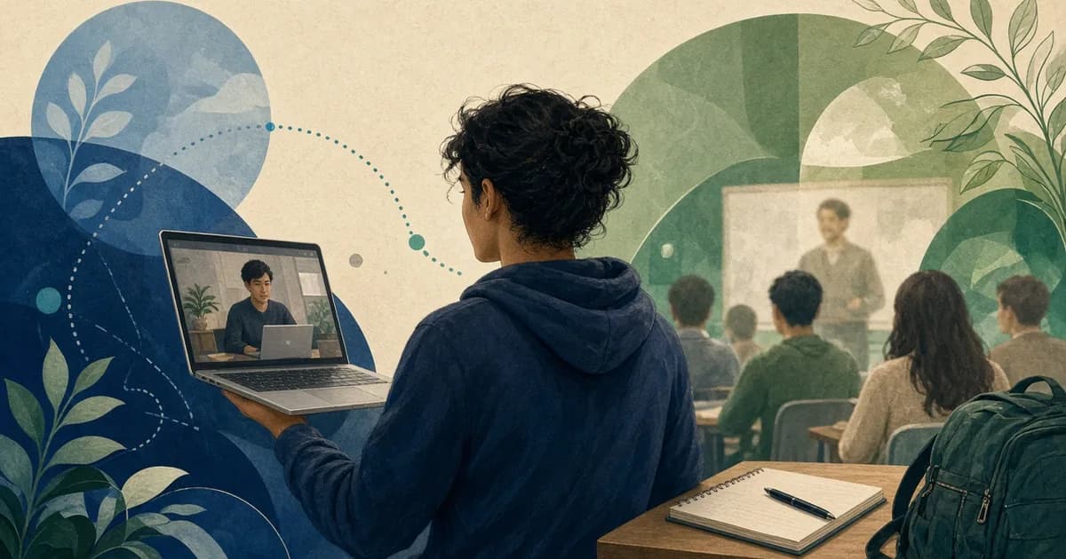 Fictional F-1 student balancing a laptop and campus classroom for hybrid enrollment