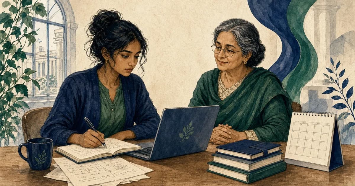Fictional doctoral student reviewing dissertation notes and an OPT calendar with a DSO advisor