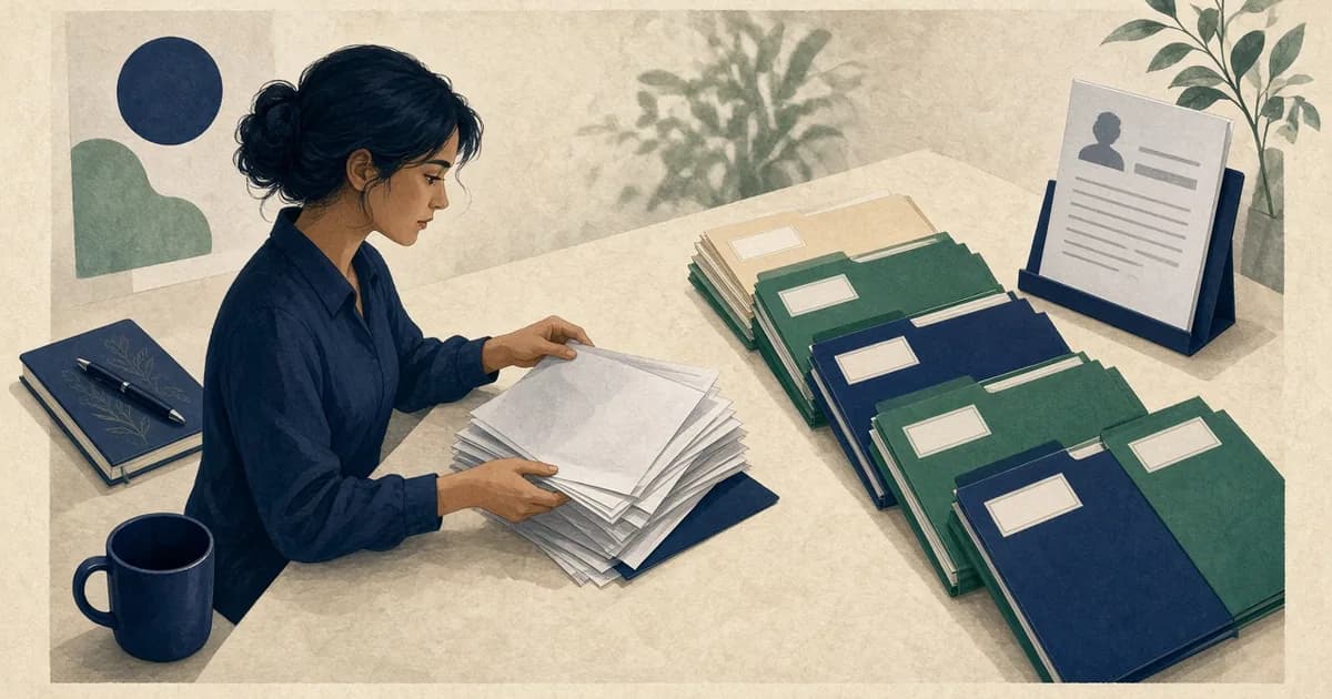 Fictional applicant organizing a careful NOID response packet with labeled exhibits