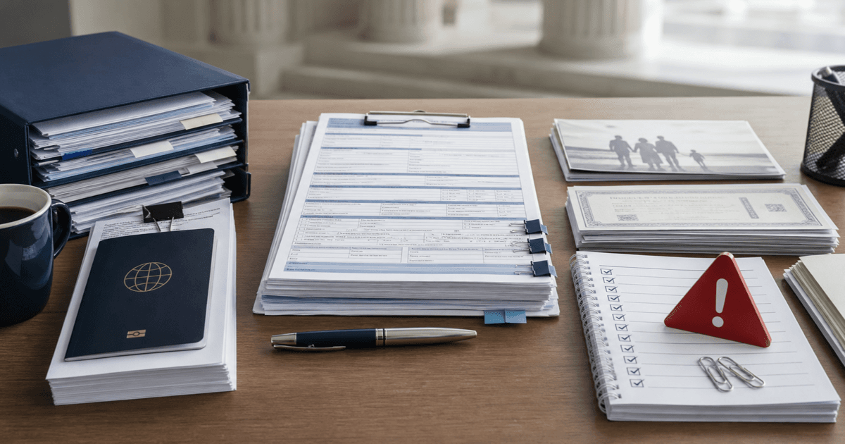 Immigration application evidence packet beside a completed checklist and deadline warning