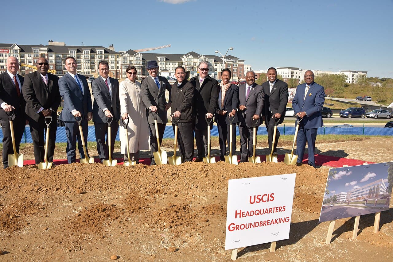 Officials at the 2017 groundbreaking ceremony for the USCIS headquarters in Camp Springs, Maryland