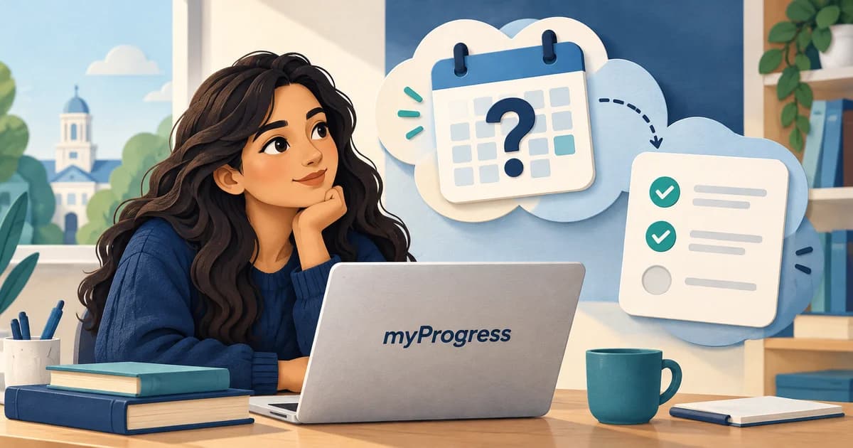 Illustration of a student comparing a myProgress calendar with a checklist.