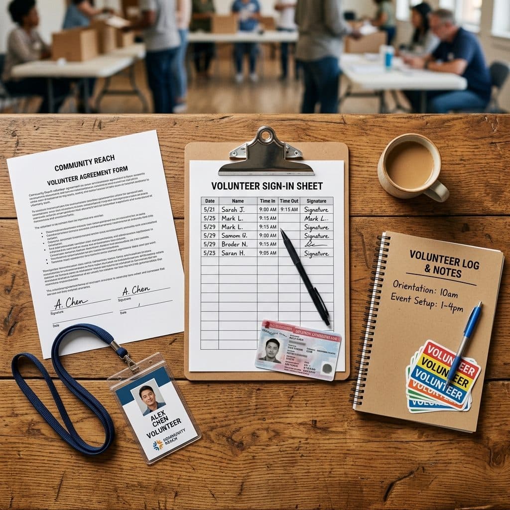 Clipboard with a volunteer sign-in sheet next to a volunteer agreement form and an EAD card