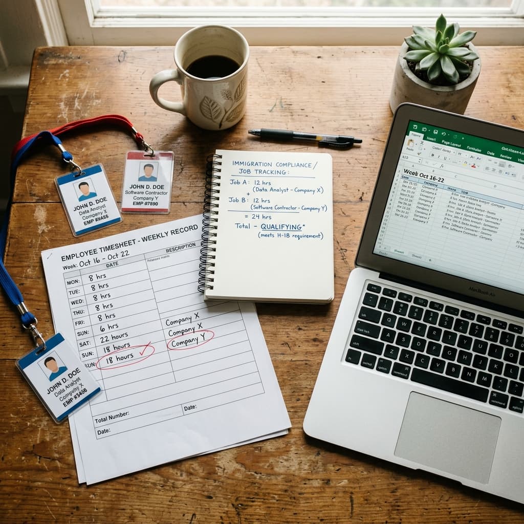 Weekly timesheet with hours tracked, two employee badges, and notebook showing combined hours calculation