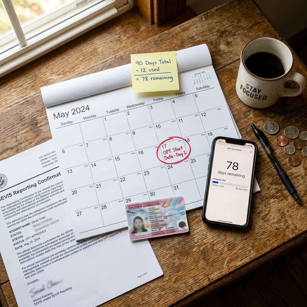 Calendar with OPT start date circled in red, EAD card, countdown timer showing 78 days remaining, and SEVIS reporting confirmation on a rustic wooden desk