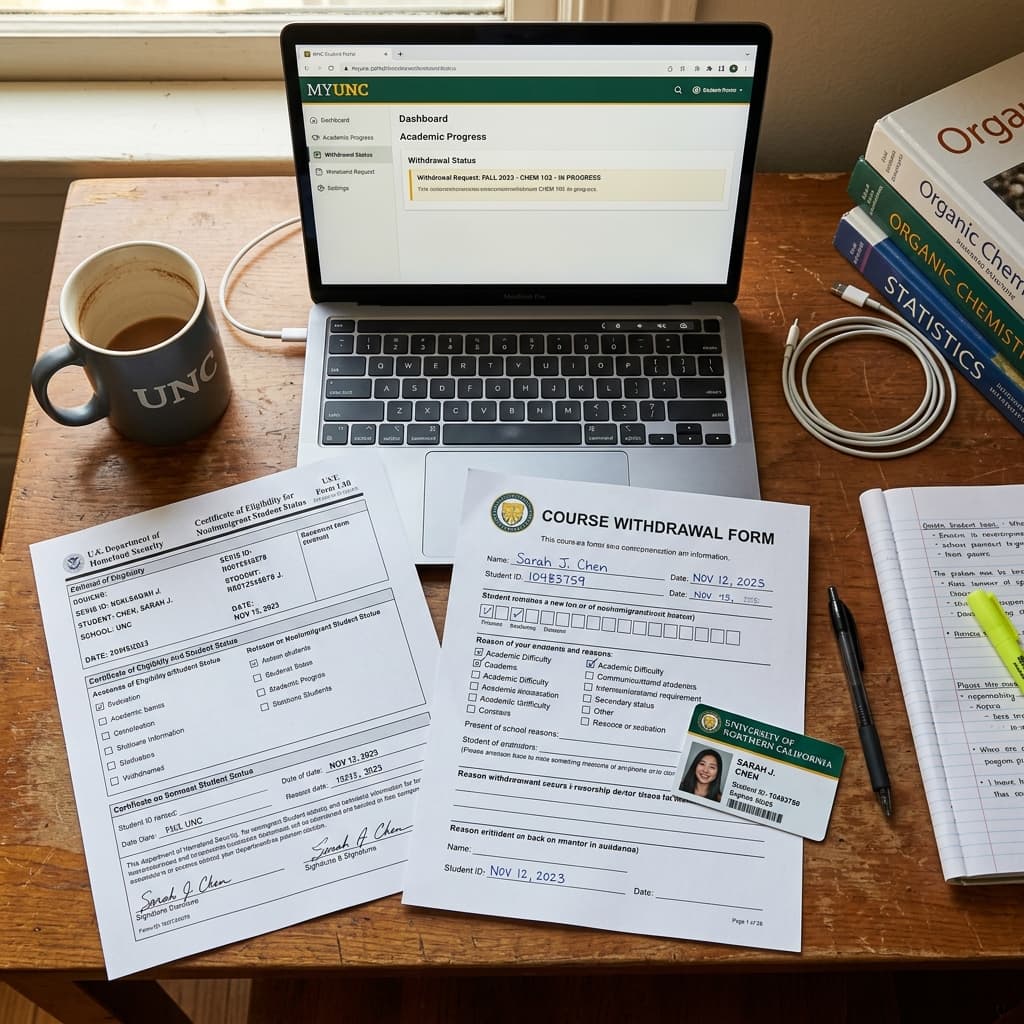 Academic desk with a Course Withdrawal Form, student ID, and a laptop showing a student portal