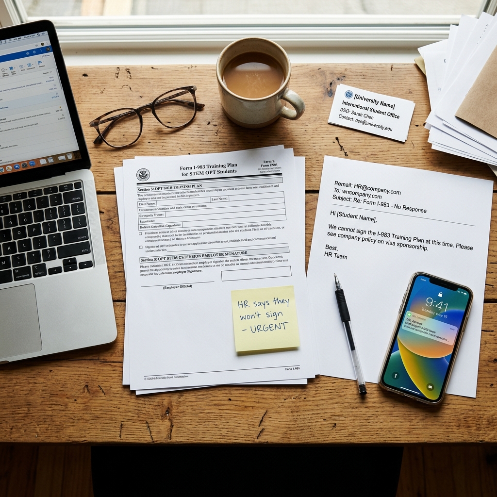 Form I-983 with empty employer signature, HR no-response email printout, and urgent sticky note