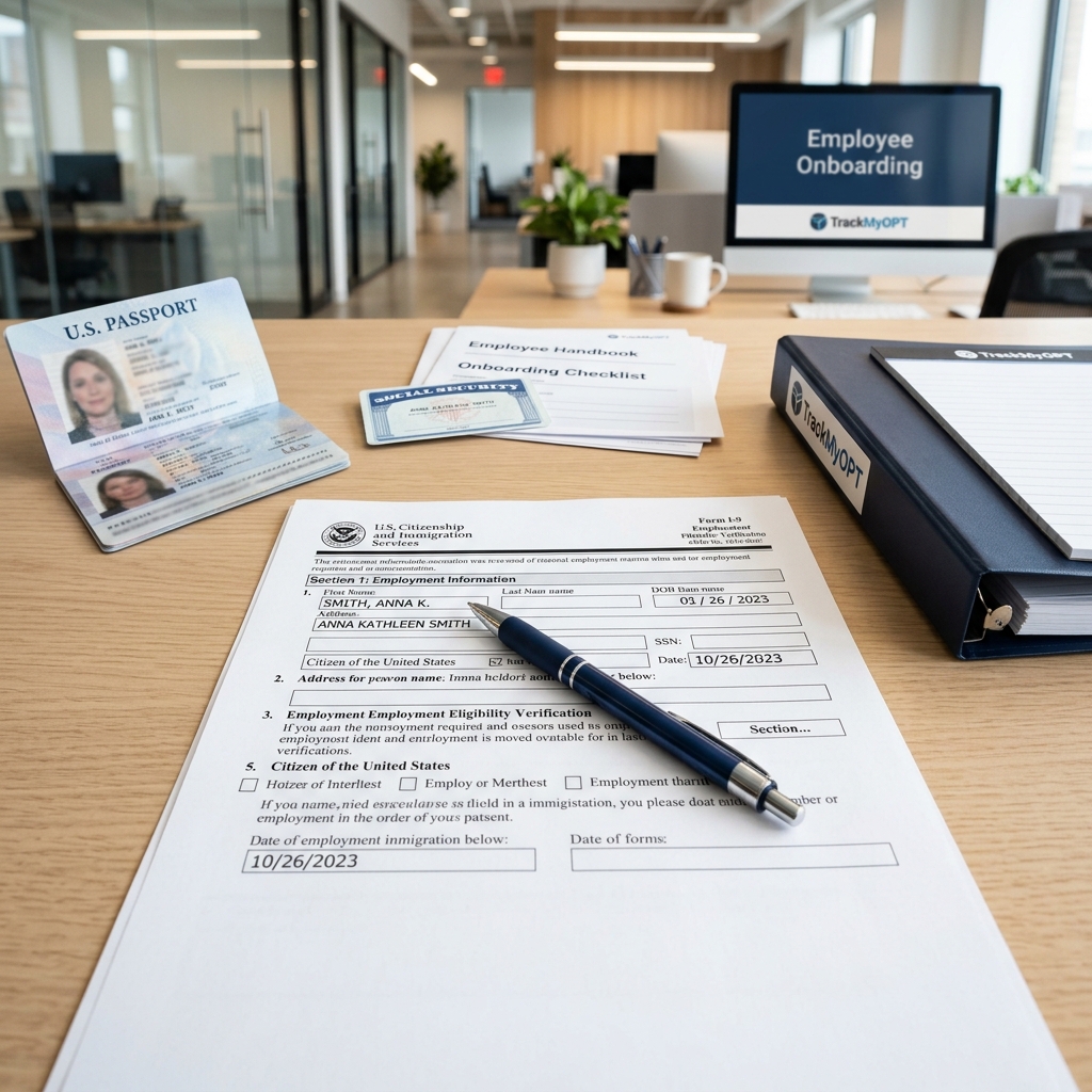 Form I-9 Employment Eligibility Verification on a corporate desk with a US passport